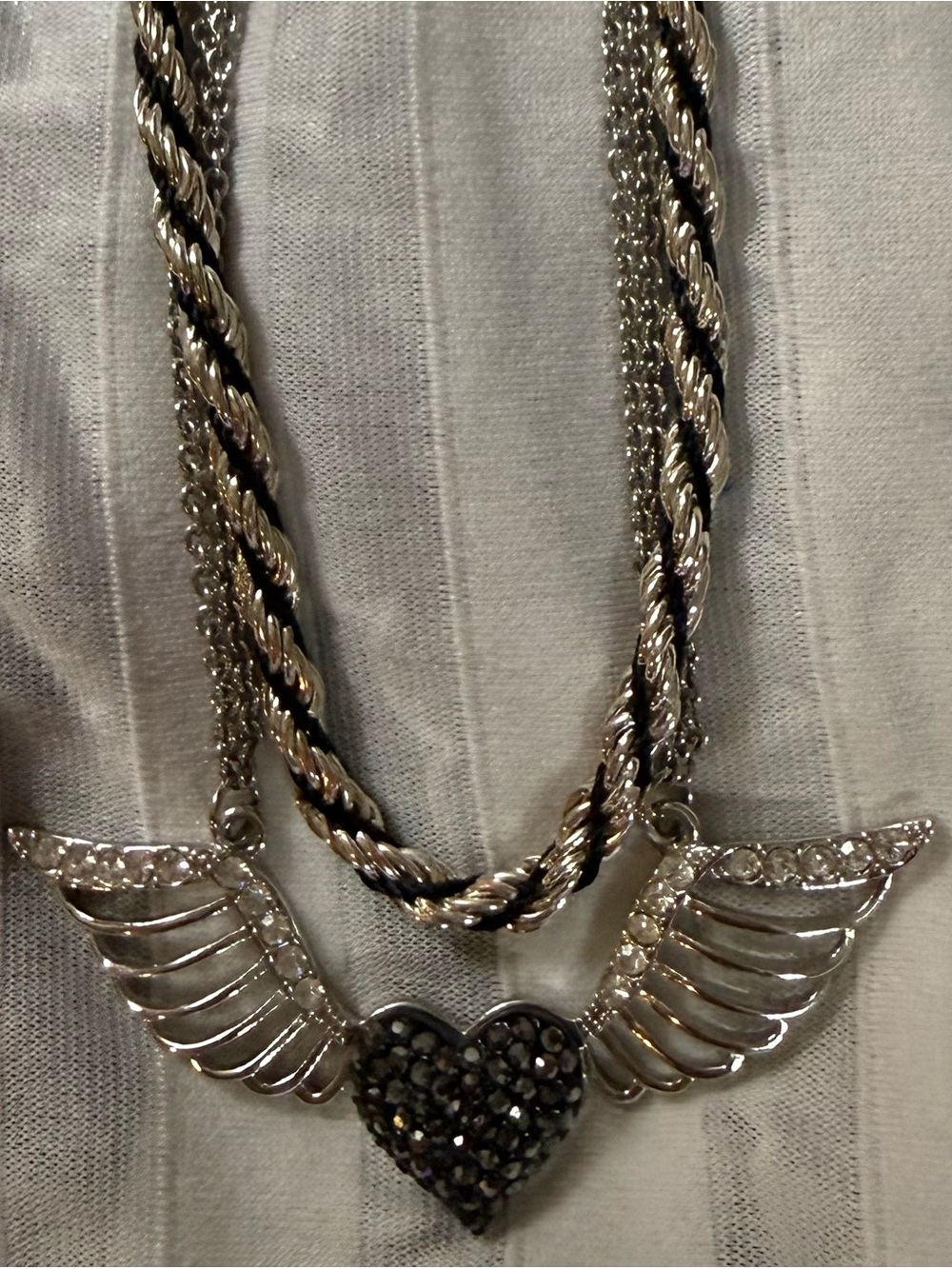 Silver Winged/Black Crystal Heart and Twisted Rope Necklace